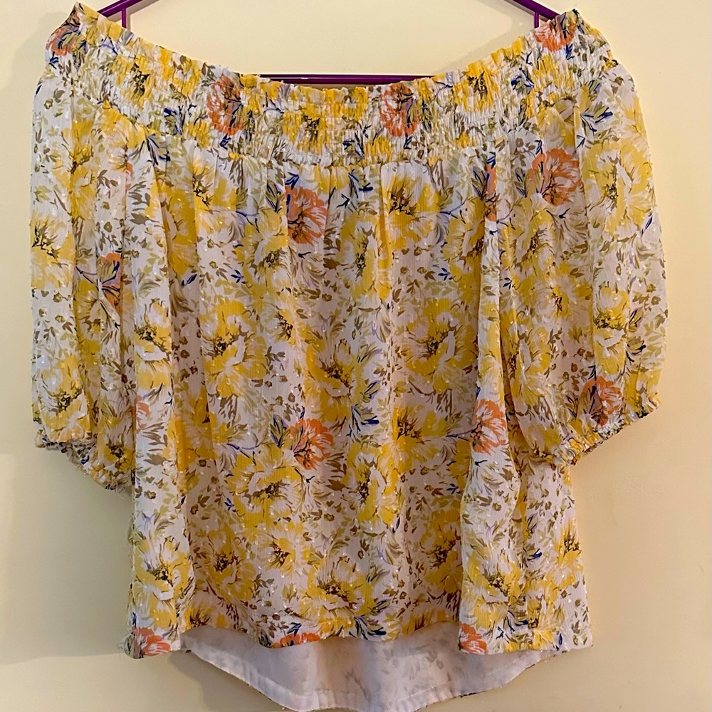 JOIE, size M, yellow, floral, off the shoulder,smocked, textured peasant blouse.